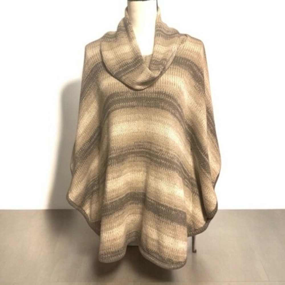 Chicos Ombre Striped Cowl Neck Poncho‎ Sweater Metallic Knit Tan SM